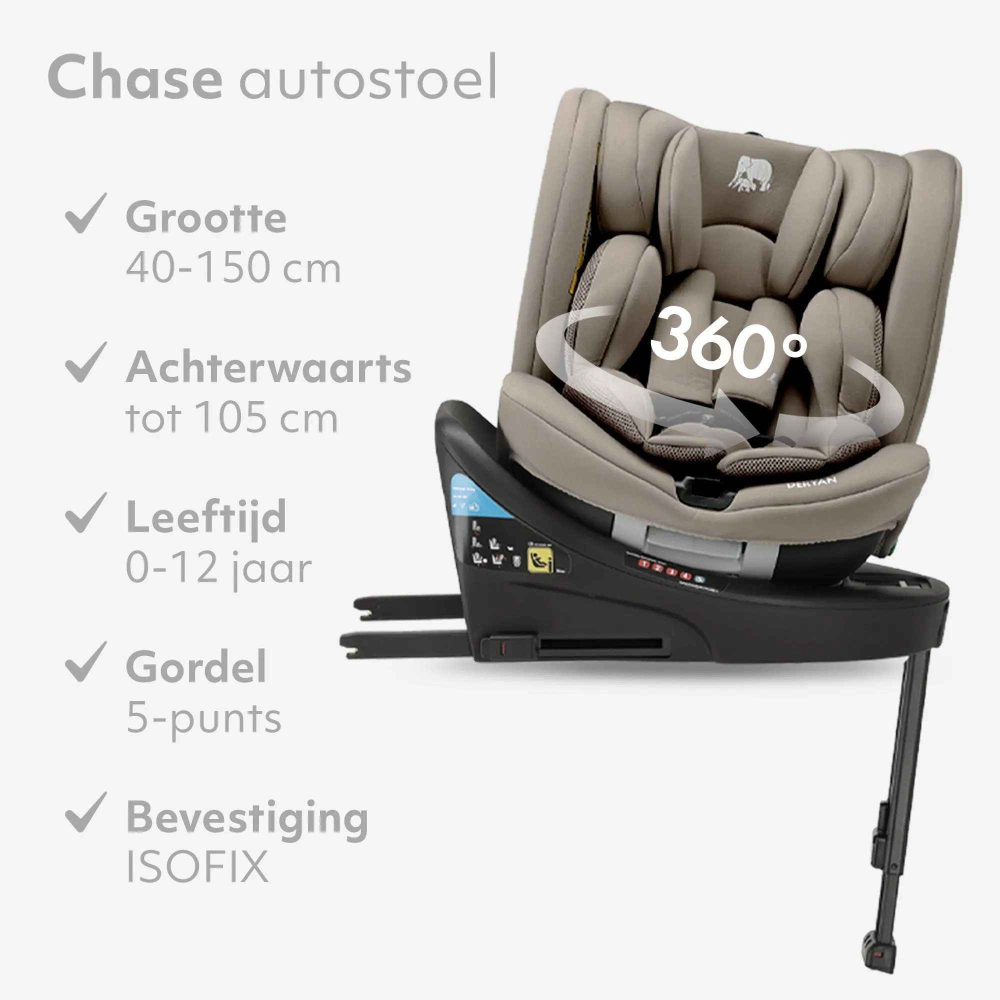Chase Luxe i-Size/isofix 360° Steunpoot Autostoel 40-150 cm - 0-36 kg - Truffle Sand - Image 6