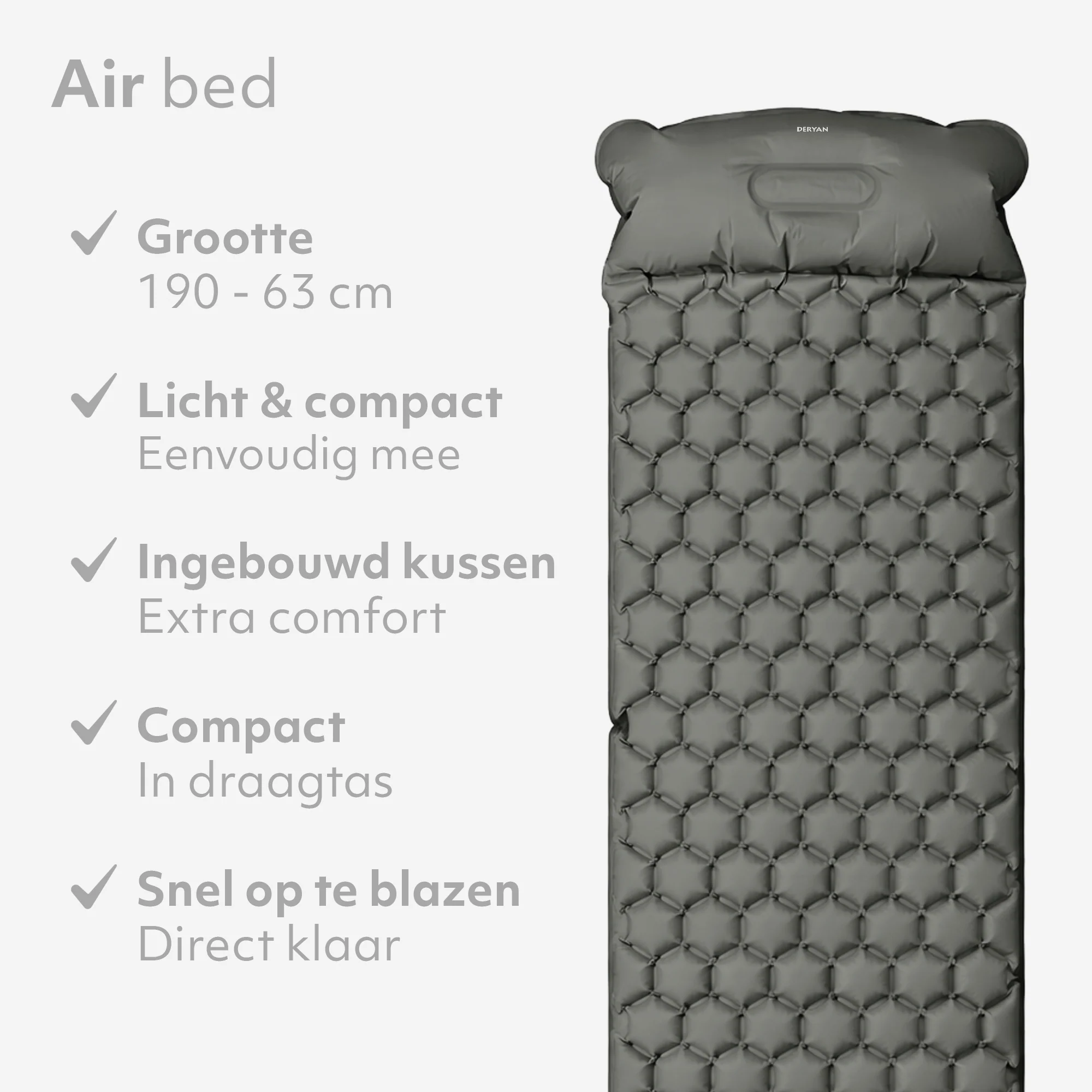 Deryan Air Bed - Luchtbed Kamperen - Inclusief tas - grijs - Image 3
