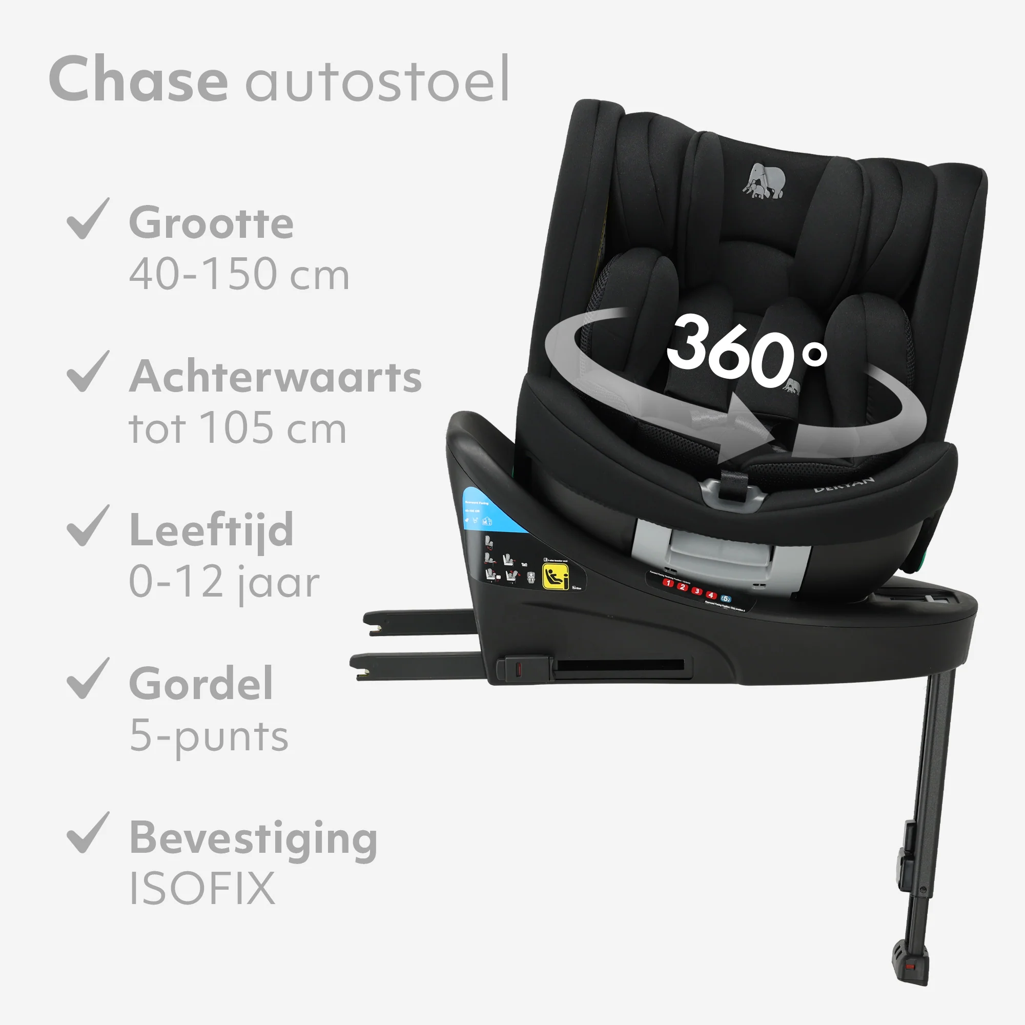 Chase Luxe i-Size Autostoel - 0-36kg - Isofix steunpoot - 360 draaibaar - Zwart - Image 6