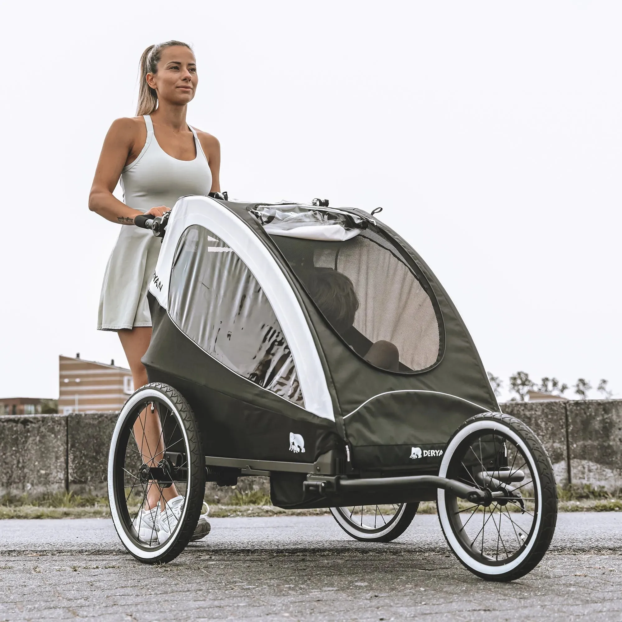 Luxe Fietskar - fietskar en wandelwagen en hardloopkinderwagen - Zwart/Cream - Image 3