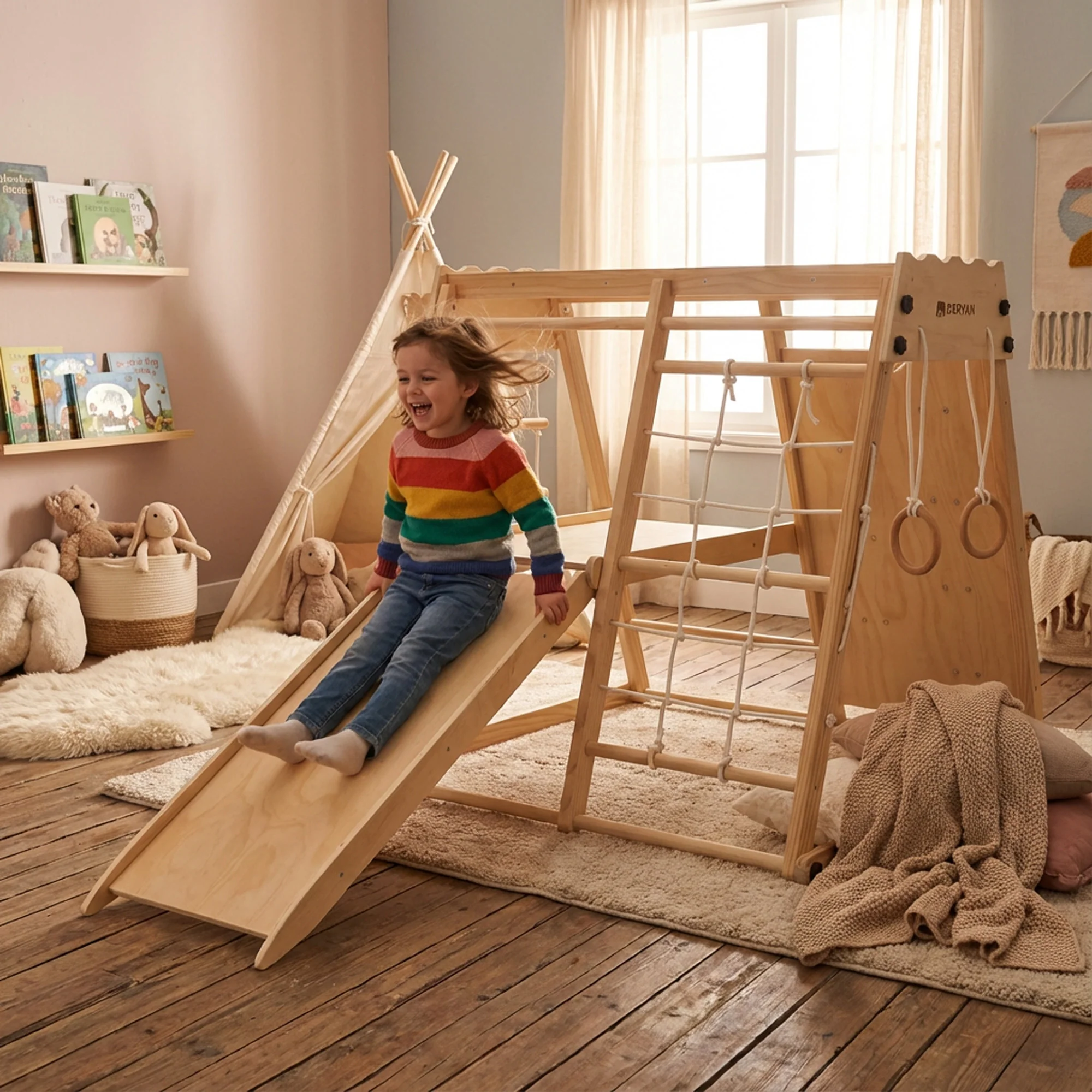 Luxe Houten Speelklimrek - Speeltoestel voor kinderen - Met glijbaan + Klimwand en Accessoires - Image 4