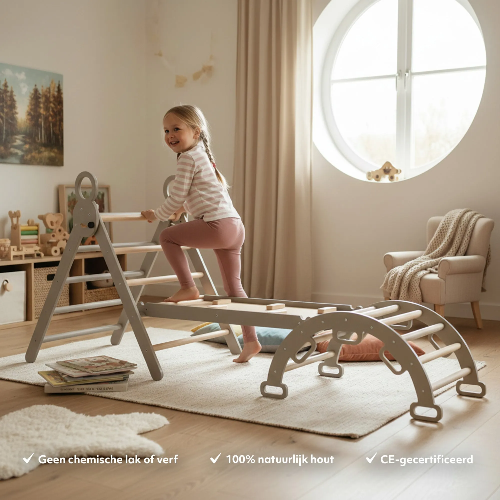 Luxe XXL Klimrek - Opvouwbare Driehoek + Klimboog + Helling met Glijbaan Grijs - Image 2