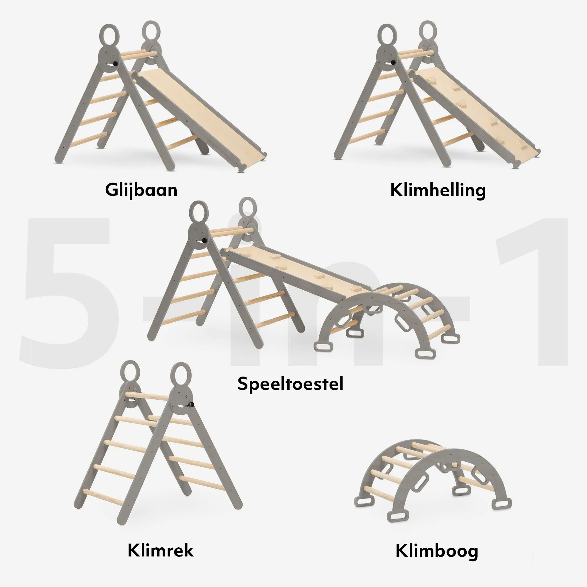 Luxe XXL Klimrek - Opvouwbare Driehoek + Klimboog + Helling met Glijbaan Grijs - Image 5